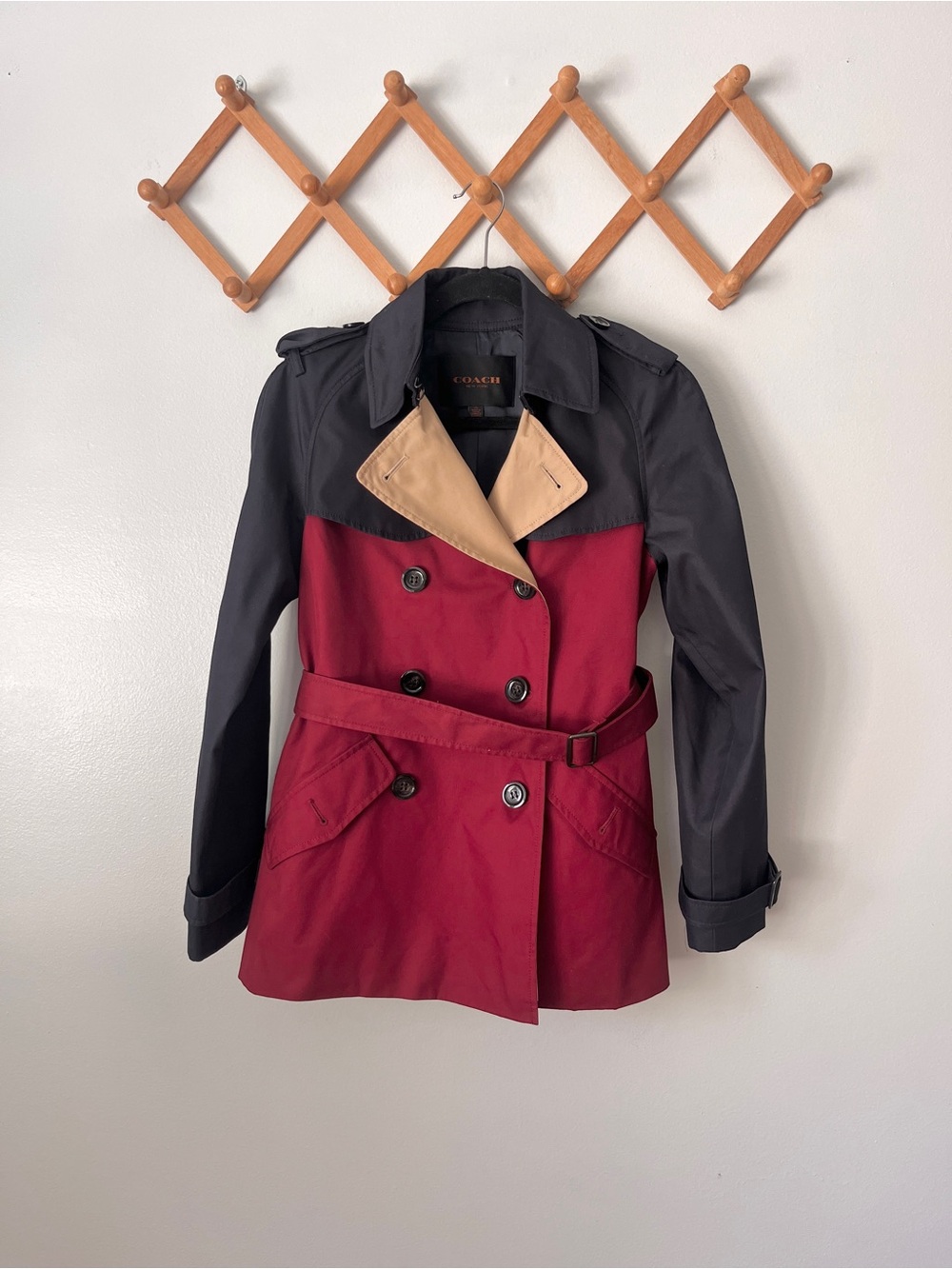 Coach Womens Colorblock Trench Coat Navy Burgundy Red Tan $450 Belted Jacket XS - Picture 2 of 5